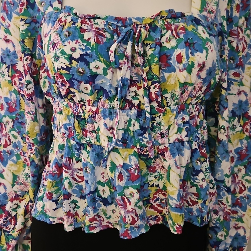 SO Floral Print Square Neck Corset Style Long Sleeve Peasant Top - Picture 4 of 10